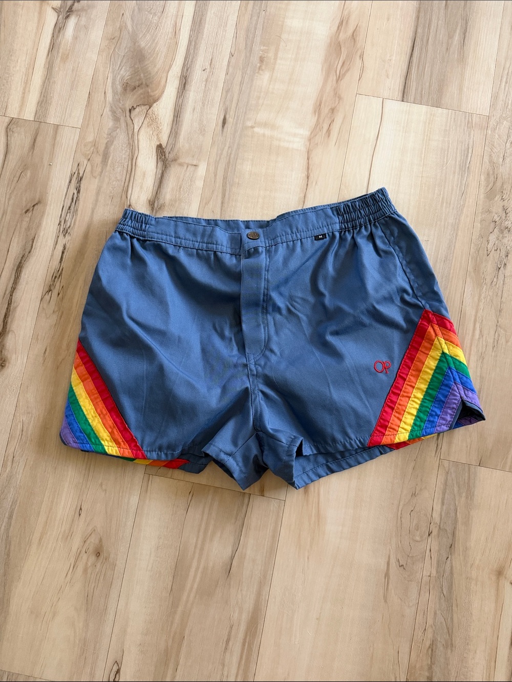 Retro OP Boy’s/Women’s Slate Blue Shorts with Rainbow Side Stripes